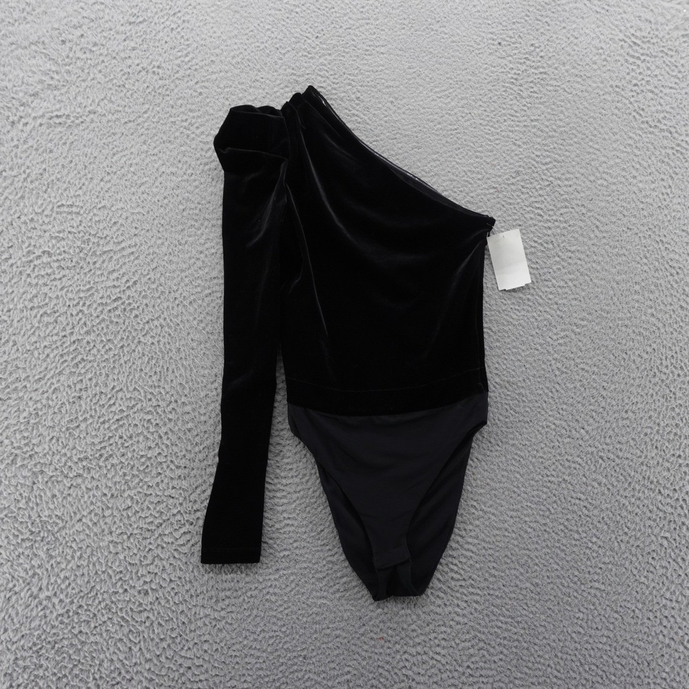 All Saints Daphne Black Velvet One Shoulder Puff Sleeve Bodysuit Size 6 NEW